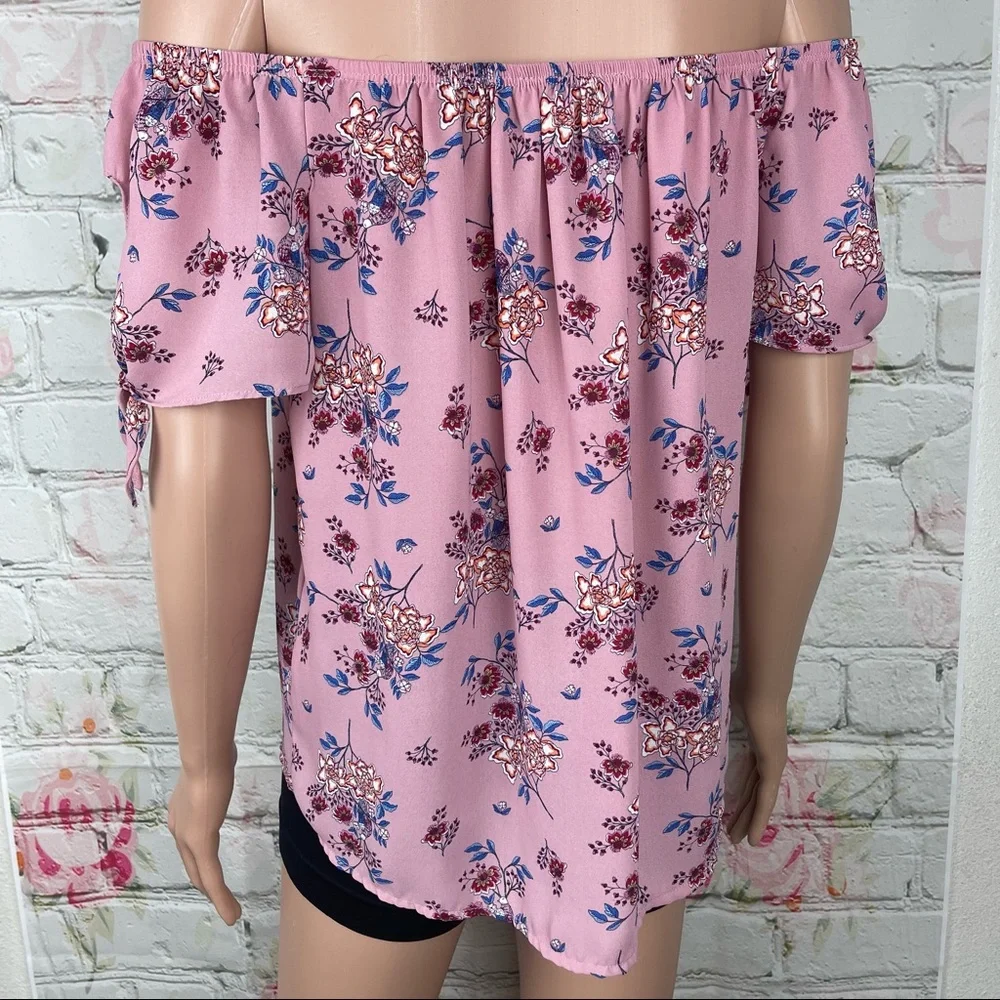 Pink Rose Floral Print Off Shoulder Small Blouse - Picture 3 of 8
